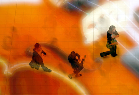 Composite image of young women and violin abstract