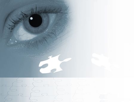 eye overlooking Jigsaw pieces fading to whiteの写真素材