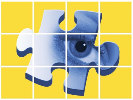 Abstract illustration showing eye jigsaw piece over yellowの写真素材