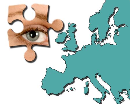Eye jigsaw piece over map of Europeの写真素材