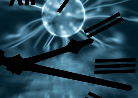 Conceptual image of clock face over plasma background