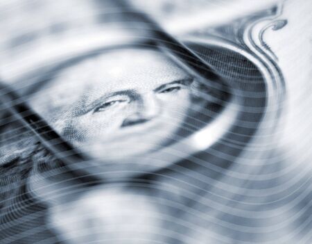 Wavy abstract stripes overlaid over Washington face on US Dollarの写真素材