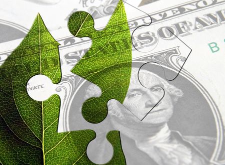 Conceptual image showing leaf, jigsaw piece and US Dollarの写真素材