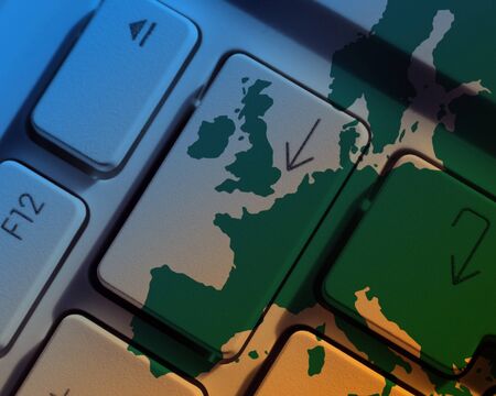 Computer laptop keys overlaid with Europe mapの写真素材