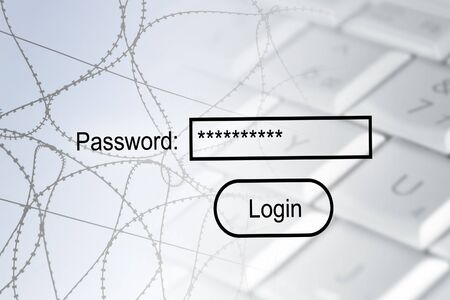 Internet security concept showing barbed wire, computer and password loginの写真素材