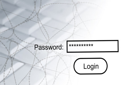 Internet security concept showing computer, barbed wire and password login.の写真素材