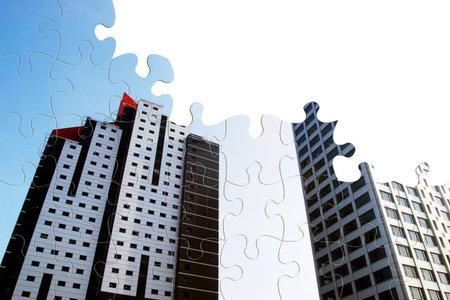 Two office blocks overlaid onto jigsaw pattern