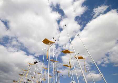 Wide angle view of wind and solar power generatorsの写真素材