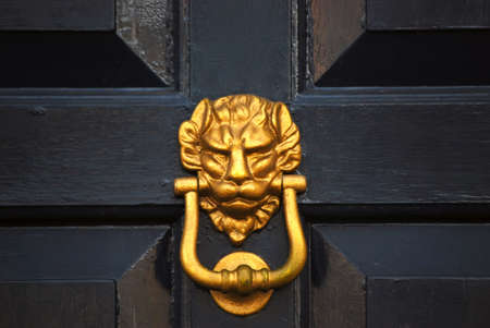 Close-up of lion headed door knocker on painted wooden doorの写真素材