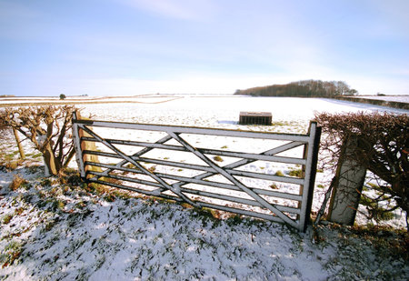 Farm gate and hedge bars entrance to snow covered Yorkshire meadowの写真素材