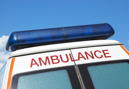 Close-up of back of ambulance taken on sunny day