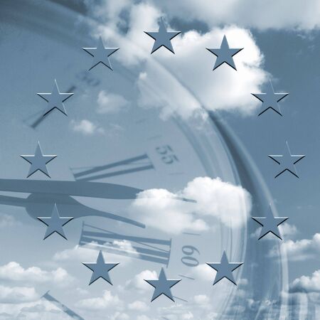 Clock face overlaid with sky and starsの写真素材