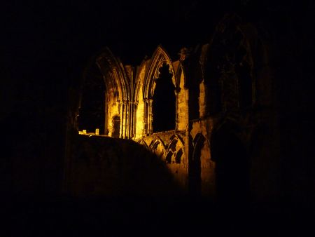 Night scene showing illuminated ruins of St Mary's Abbey, Yorkの写真素材