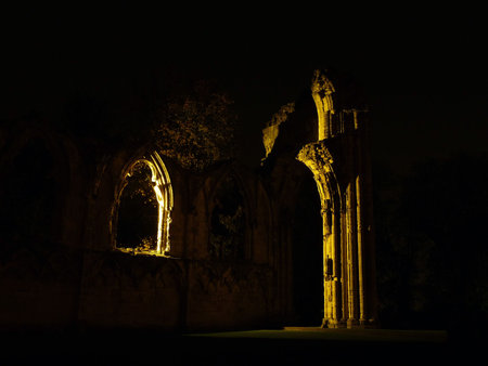Night scene showing illuminated ruins of St Mary's Abbey, Yorkの写真素材
