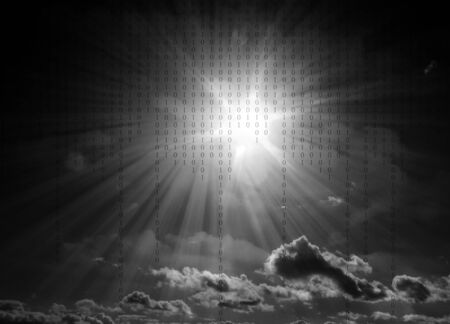 Black and white sunflare in cloudy sky overlaid with numbersの写真素材
