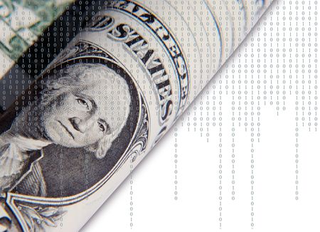 United States dollar bank notes overlaid with numbersの写真素材