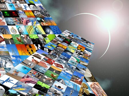 Collection of various images over space backgroundの写真素材