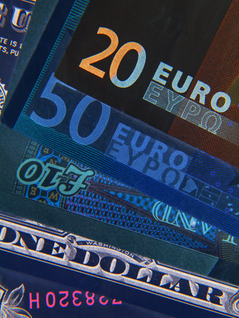 Negative effect applied to British, European and US banknotesの写真素材