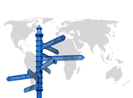 Tourist signpost overlaid onto outline of world mapの写真素材