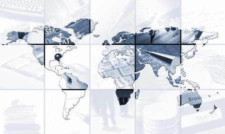 World map over images relating to business