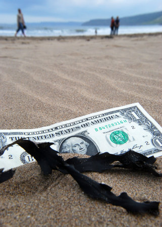 US Dollar banknote partially buried on beach