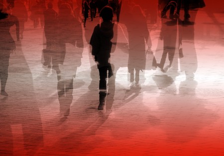 Multi-layered image of shoppers in city centerの写真素材