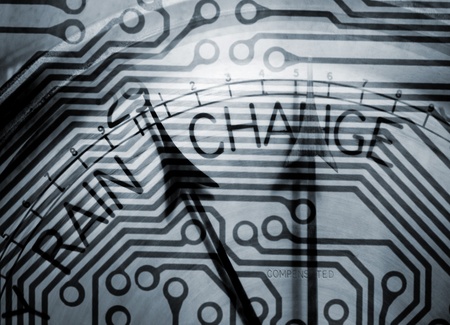 Circuit board pattern overlaid onto barometer faceの写真素材