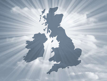 Outline map of UK over streaky sky backgroundの写真素材
