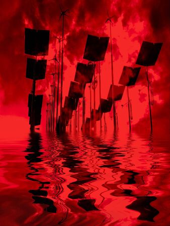 Composite image of solar panels with water reflections toned red.の写真素材