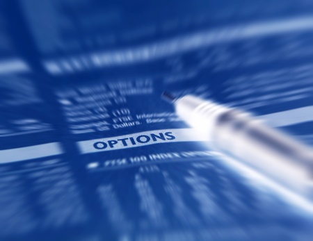 Closeup of a financial newspaper focused on options word.の写真素材