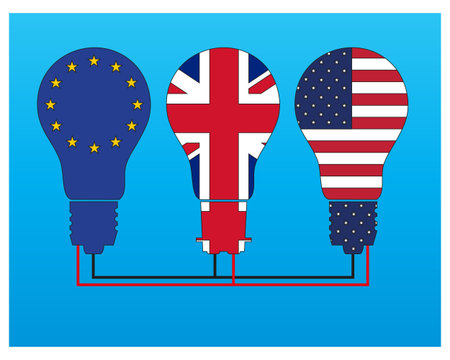 Three light bulbs filled with the flags of the EU, UK and USA, 