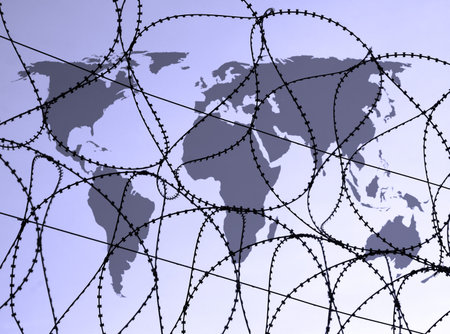 Outline map of world overlaid with razor wire.