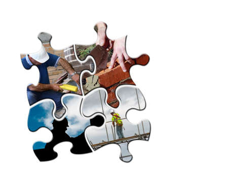 Jigsaw piece shapes filled with images from the construction industryの写真素材
