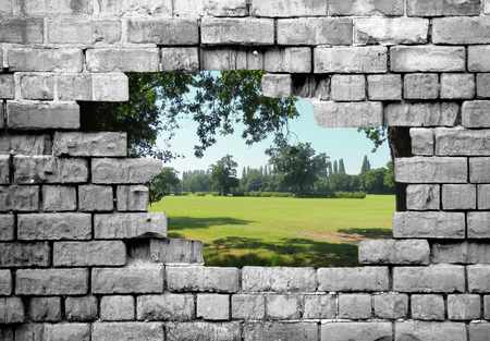 Section of a crumbling brickwall with countryside view filling hole の写真素材