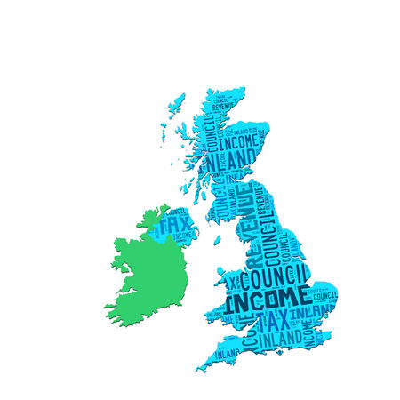Outline map of UK overlaid with words relating to taxの写真素材
