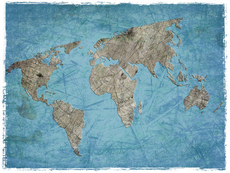 Outline map of world filled with wood texture and finished with grunge white edges