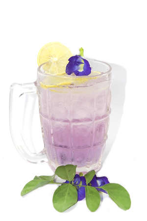 Butterfly Pea juice or Purple Butterfly Pea flower tea mixed with lemon juice on white background.の写真素材
