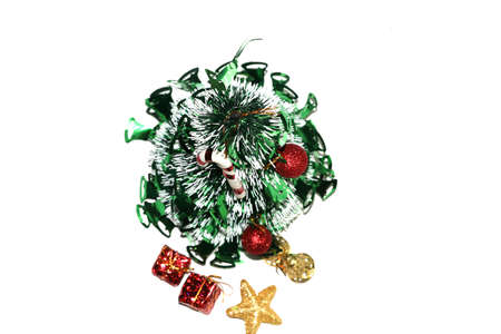 Christmas elements Christmas gift pine branches toy on a white background Laid flat, the top view is a festival celebrated by people all over the world.の写真素材