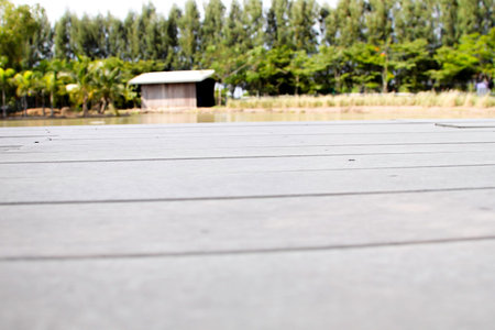 The floorboard with only emptiness overlooking the hut at the end of the rice field and the...