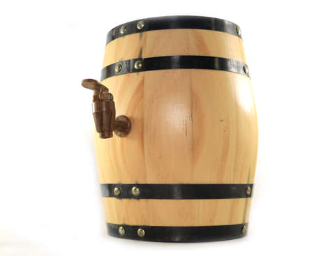 Wooden cork-plastic-on light brown oak barrels-beer-whiskey-small on a white background and a small family.の写真素材