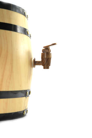 Wooden cork-plastic-on light brown oak barrels-beer-whiskey-small on a white background and a small family.の写真素材