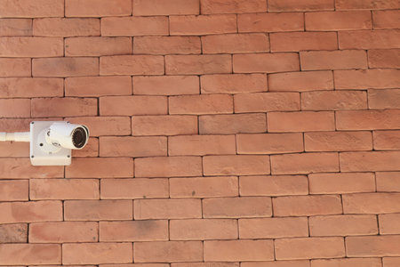 Surveillance cameras are a modern technology to prevent thieves and thieves that are installed on red brick construction as a wall to prevent thieves as well.の写真素材