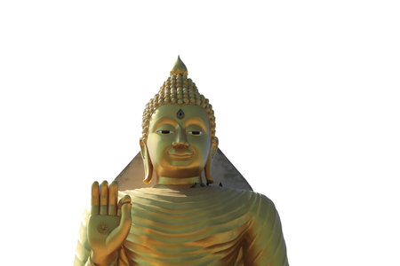 Big Golden Buddha is a Buddhist belief and faith built on faith and is a long-standing culture and tradition in Buddhism against a blue sky background on a sunny and bright day.-white backgroundの写真素材
