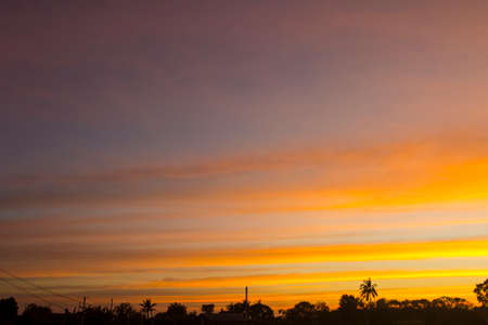 The sky is a horizontal line of yellow-orange and colorful colors in the beautiful evening in the midst of nature which is peaceful, warm and romantic in the countryside and is extremely beautiful.の写真素材