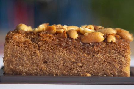 Brownies sprinkled with nuts look appetizing to eat with tea and coffee in the morning and in the...