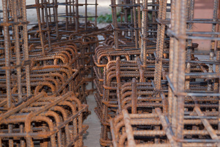 Deformed steel bars that are bending and bound to give the shape and structure to be suitable for...