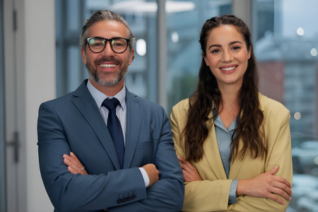 Portrait of smiling business people standing with arms crossed in corridor of officeの素材