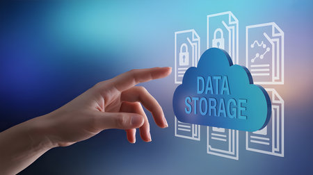 Hand Pointing at Cloud Computing Icon with Data Security and Analytics Symbolsの素材