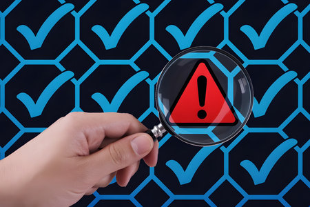 Security Verification Illustration with Magnifying Glass on Warning Symbolの素材