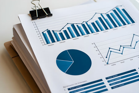 Professional Data Analytics Illustration with Charts and Stacked Documentsの素材